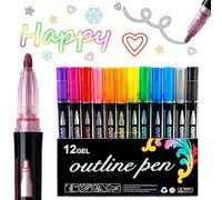 Dreamy Sparkle Dual-line Contour Pens, 12PCS Self Outline Metallic Markers, Self Outlining Glitter Markers for Highlight, Double Line Glitter Dreamy Sparkle Dual Pens for Greeting Card, Art Doodling