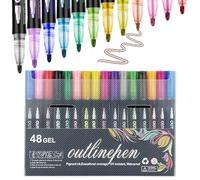 Dreamy Sparkle Dual Line Outline Markers, Self-Outline Metallic Glitter Pens, 2-in-1 Double Line Contour Pens with Shimmering Effect, for Journaling, Adult Coloring, Art Planning Supplies (48Pcs)