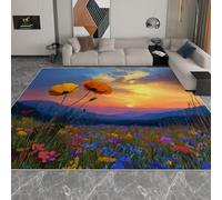 Dreamy Style Washable Living Room Area Rug 180 x 240 cm, Soft Low Pile Sunrise Colorful Flower Field Mountains Carpet - Non-Slip Rug for Bedroom Kitchen Nursery Dorm Kids Room Bedside Carpet