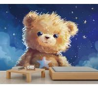 Dreamy Teddy Bear Wall Mural Starry Sky Clouds Star Mural Wallpaper Nursery Teddy Bear Decor 3D Cartoon Animal Murals for Living Room Bedroom 150 x 100 cm
