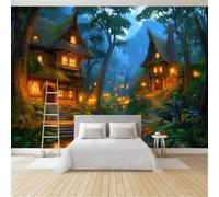Dreamy Village Architecture Forest Log Cabin Wall Mural Blue 400 x 280 cm - Premium Non-Woven Large Photo Wallpaper for Teenage Boys Bedroom, Living Room, Office Feature Wall Decoration