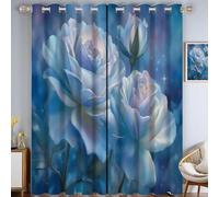 Dreamy Watercolor Plants Blackout Window Panels, W46"Xl72" 2 Panels, Navy Blue Gradient Rose Flowers Blackout Curtains, Top Grommet Decor Room Darkening Privacy Drapes For Bedroom Living Room