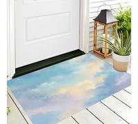 Dreamy Watercolor Style Door Mats Indoor, 45 x 75 cm, Non Slip Dirt Trapper Machine Washable Soft Doormats, Gradient Cloud Color Blocks Floor Mat for Front Back Door, Pets and Dogs, Light Blue