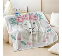 Dreamy White Lion Printed Flannel Blanket, Elegant Watercolor Style Soft Warm with Ocean Blue Leaves Floral, Ideal for Home Sofa Bed Decor (04,200x200cm)