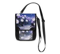 Dreamy White Purple Flowers Moon Night Travel Wallet Passport Holder Hidden Neck pouching Slim Lightweight Crossbody Bag with Adjustable Strap