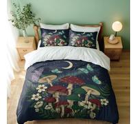 Dreamy Wonderland Vintage Botanical Duvet Cover Set with Red Blue Mushrooms and Butterflies, Floral Moon and Stars 3pcs, Perfect for Bedroom Decor (04,Double + 80 x 80cm x2)