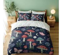 Dreamy Wonderland Vintage Botanical Duvet Cover Set with Red Blue Mushrooms and Butterflies, Floral Moon and Stars 3pcs, Perfect for Bedroom Decor (03,Double + 80 x 80cm x2)
