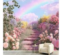 Dreamy Wonderland Wallpaper, Garden Flower Rainbow Photo Wall Mural, Non-Woven Decoration Print Wall Mural for Home Living Room Bedroom Kitchen Wall Covering 250 W x 175 L cm