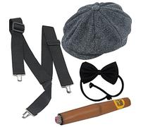 Dreamzfit® 1920s Mafia Gangster Costume Set for Men - Complete Godfather Outfit Includes Newsboy Cap, Suspenders, Fake Mustache & Bow Tie | Prohibition Era, Peaky Blinders & Stag Night Fancy Dress