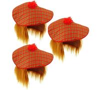 Dreamzfit - 3 x Mens Scottish Scots Tartan Tam-O-Shanter Hat & Ginger Hair Wig Stag Night Carnival Theme Party Fancy Dress Accessories for Adult Unisex, Tartan Red, One Size