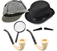 Dreamzfit 6-Piece Victorian Detective Costume Set | Official Sherlock Holmes Outfit for Adults | Grey/Black Fancy Dress for Men & Women