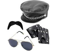 Dreamzfit® 80s Punk Rock Biker Costume Set for Men | Complete Rebel Rider Outfit with Fingerless Gloves, Aviator Glasses, Chain Cap & Fake Tattoos | Village People YMCA, Halloween & Fancy Dress Party