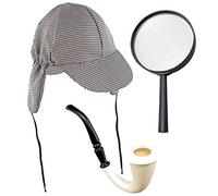 Dreamzfit - Adult Detective Costume Story Play for World Book Day Halloween Parties - Sherlock Holmes Fancy Dress Accessory Set Deerstalker Hat + Magnifying Glass + Victorian Look Pipe