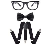 Dreamzfit® Adult Nerd Costume Set - Complete Geek Fancy Dress Kit with Black Glasses, Bow Tie & Suspenders for Themed Parties, 80s Cosplay, Comic-Con & Hen/Stag Nights