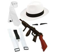 Dreamzfit Al Capone Gangster Costume Set for Men | 1920's Mafia Godfather Gatsby Fancy Dress with White Hat, Braces, Tie, Moustache & Inflatable Tommy Gun