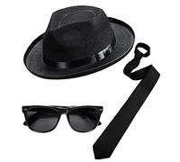 Dreamzfit Blues Brothers Costume Kit | 1980's Style Gangster Fancy Dress with Fedora Hat, Sunglasses & Tie | Adult Unisex Outfit for Hen Dos, Stag Nights & Cosplay