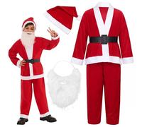 Dreamzfit - Childs Deluxe 5 Piece Santa Claus Christmas Fancy Dress Costume ~ Boys Girls Santa Hat, Beard, Jacket, Trouser & Belt - Xmas Father Christmas Kids Santa Suit