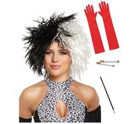 Dreamzfit Cruella de Vil Costume Set for Adults & Kids - Dalmatian Print Lady Wig, Long Red Evening Gloves, 2x Fake Cigarette Props & Holder for Halloween, Fancy Dress Party & Cosplay
