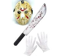 Dreamzfit® Jason Voorhees Costume Set | Deluxe Hockey Mask, White Gloves & Plastic Machete Prop | Complete Friday the 13th Killer Outfit for Halloween & Horror Parties