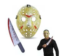 Dreamzfit Jason Voorhees Mask with Bloody Toy - Official Friday the 13th Halloween Hockey Mask for Adults, Horror Cosplay Costume, Scary Fancy Dress Accessory for Men & Women