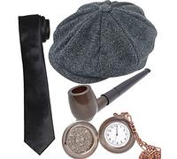 Dreamzfit Men's 1920s Gangster Costume Set | Mafia Fancy Dress with Pocket Watch & Cap | Great Gatsby, Peaky Blinders Inspired Outfit for Stag Do & Parties