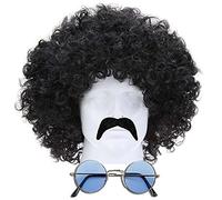 Dreamzfit Men's 70s Disco Costume Set - Retro Afro Wig, Round Sunglasses & Moustache Combo for 1970s, 80s Themed Parties, Halloween, and Adult Fancy Dress