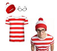 Dreamzfit® Men's Book W ancy Dress Kit Deluxe Red & White Striped Shirt, Bobble Hat & Glasses Set Perfect Stag Do, Costume Party & World Book Day Outfit