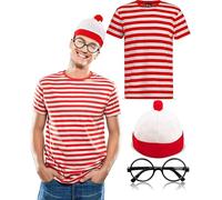 Dreamzfit - Men's Book Week Fancy Dress Kit - Red White Stripes Shirt, Bobble Hat & Glasses ~ Men Stag Night Parties Cosplay Party Costume Set (XL)