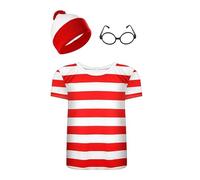 Dreamzfit® Men's Deluxe Book Week Costume Kit | Red & White Striped Shirt, Bobble Hat & Glasses | Perfect for Wheres Wally, Stag Dos & World Book Day