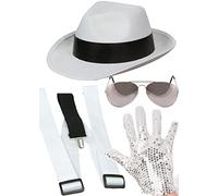 Dreamzfit Men's Michael Jackson Costume Set | King of Pop White Fedora Hat, Sequined Glove, Aviator Sunglasses & Suspenders | Gangster Fancy Dress Outfit for Halloween & Parties