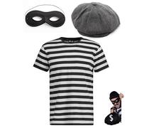 Dreamzfit - Men's Robber Thief Burglar Criminal Uniform Fancy Dress Costume - Stripes Shirt + Peaky Flat Cap + Black Robber Eye Mask - Perfect for World Book Week/Day (XXL)