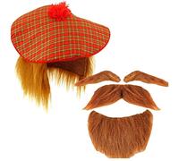 Dreamzfit - Mens Scottish Scots Tartan Tam Hat with Ginger Hair Wig, Ginger Tash Beard Mustache - Stag Night Fancy Dress Accessories for Adult Unisex, Multicolor, One Size