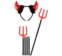 Dreamzfit Red Devil Horn Headband & Pitchfork Trident Set - Glossy Adult Halloween Costume Accessory for Fancy Dress Parties, Cosplay & Horror Props