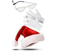 Dreamzfit® Santa Claus Accessory Set for Adults - Complete Father Christmas Kit Includes Red Hat, Half Moon Glasses & White Gloves | Xmas Fancy Dress, Holiday Parties & New Year's Eve Costumes