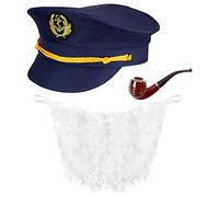 Dreamzfit Sea Captain Hat & Pipe Set | Authentic Sailor Costume Hat with Moustache | Fancy Dress Accessory for Stag Dos, Pirates, & Navy Themes