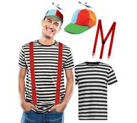 Dreamzfit Tweedle Dee & Tweedle Dum Costume for Adults - Men's Alice in Wonderland Fancy Dress Set with Striped T-Shirt, Helicopter Hat & Red Braces - Book Week, Halloween & Cosplay (Small)