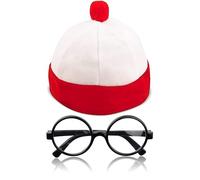 Dreamzfit® Wally/Waldo Costume Set for Adults - Red & White Striped Bobble Hat with Black Nerd Glasses | Where's Wally/Waldo Book Character Fancy Dress for World Book Day, Themed Parties & Comic Con