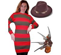 Dreamzfit - Women Nightmare at ELM Street Freddy Krueger Horror Style Ladies Costume Red & Green Striped Jumper, Claw Glove and Hat - Halloween Scary Party Fancy Dress (M/L)