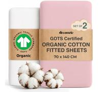 Dreamzie Baby Cot Sheets 140 x 70 Fitted, Set of 2 GOTS Certified Organic 100% Cotton Cot Bed Sheets, Soft Combed Cotton, White/Pink