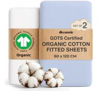 Dreamzie Cot Sheets 120x60 Fitted - Set of 2 GOTS Certified Organic 100% Cotton Cot Bed Sheets, Soft Combed Cotton, White/Blue