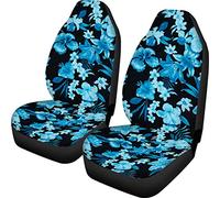 Dreaweet Hawaiian Fluorescent Blue Flowers Design Car Seat Covers Novelty Denim Effect Printed Polyester Micro-Fiber Fabric Soft Comfort Front Seat Cover Full Set of 2pc Universal Fit