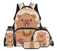 Dreaweet Kids Backpack with Lunch Box Set School Bag Set with Lunchbox Water Bottle Sleeve Pencil Case 4 in 1 Book Bag Combo, Capybara Bubble Tea