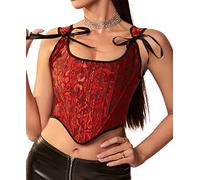 Dreay Womens Vintage Asymmetrical Hem Overbust Corset Tie Front Lace-up Back Bustier Shapewear Top, Blackred Jacquard, Small