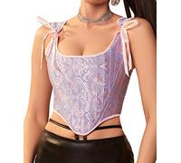 Dreay Womens Vintage Asymmetrical Hem Overbust Corset Tie Front Lace-up Back Bustier Shapewear Top, Blue Jacquard, Large