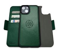 dreem 3-in-1 Wallet Case for iPhone 14/16e/17e | Built-In Kick-Stand, Magnetic Detachable Vegan Leather Flip Cover with RFID Blocking Card Holder, MagSafe Compatible, Gift Box [Fibonacci: Green]