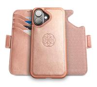 dreem Wallet Case for iPhone 16, Revolutionary Vert/Hor Phone Stand, Magnetic Detachable Vegan Leather Flip Cover RFID Blocking Card Holder, MagSafe-Fit, Gift Box [Fibonacci: Rose]