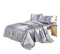 DREFEEL Duvet Cover Set King Size Silky Satin Microfiber Solid Silver Gray Bedding with Hidden Zipper Ties Soft Reversible Stain Soft Hotel Quality Quilt/Duvet Cover Set