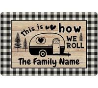 Drehomeie Custom Happy Camper Mat Welcome Mat Outdoor Personalied Campinf Gifts This is How We Roll Customized Last Name Non Slip Doormat 23.6x15.7 Inches Campsite Rugs Camping Accessories