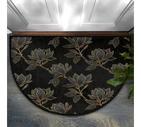 Drekrid Half Circle Door Mat - Black Magnolias Absorbent Non-Slip Half Round Entryway Area Rug - Soft Cute Washable Semicircular Carpet for Kitchen Bedroom Bathroom, 90x60CM