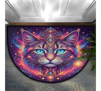 Drekrid Half Circle Door Mat - Cosmic Mandala Cat Absorbent Non-Slip Half Round Entrance Area Rug - Cute Soft Semicircular Washable Carpet for Kitchen Bathroom Bedroom, 90x60CM